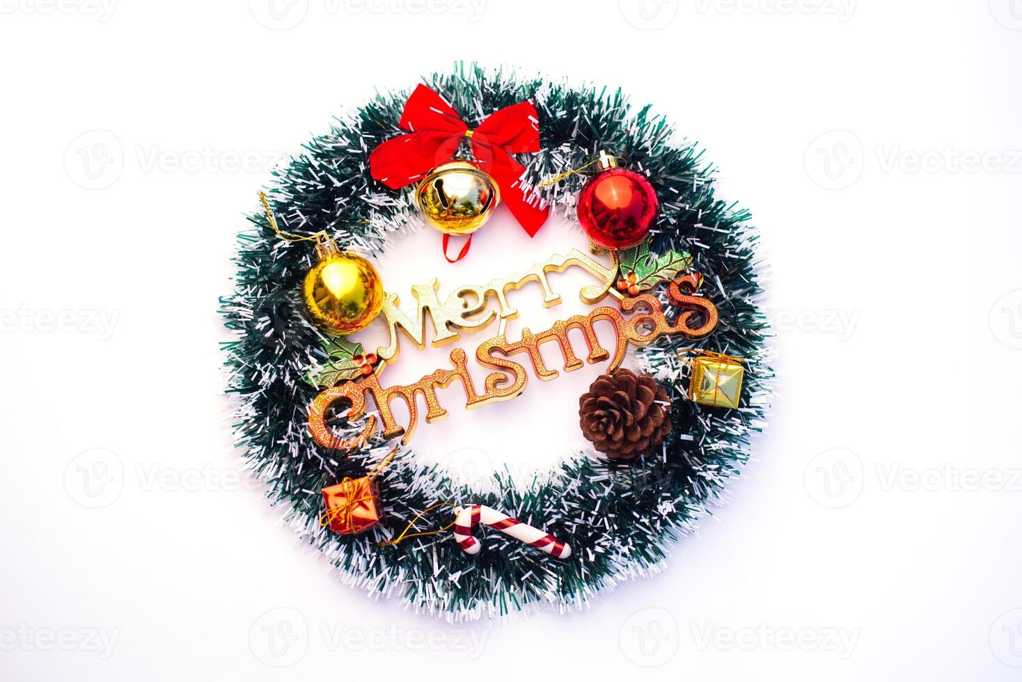 Decorations for Christmas celebrations are placed on white background. photo
