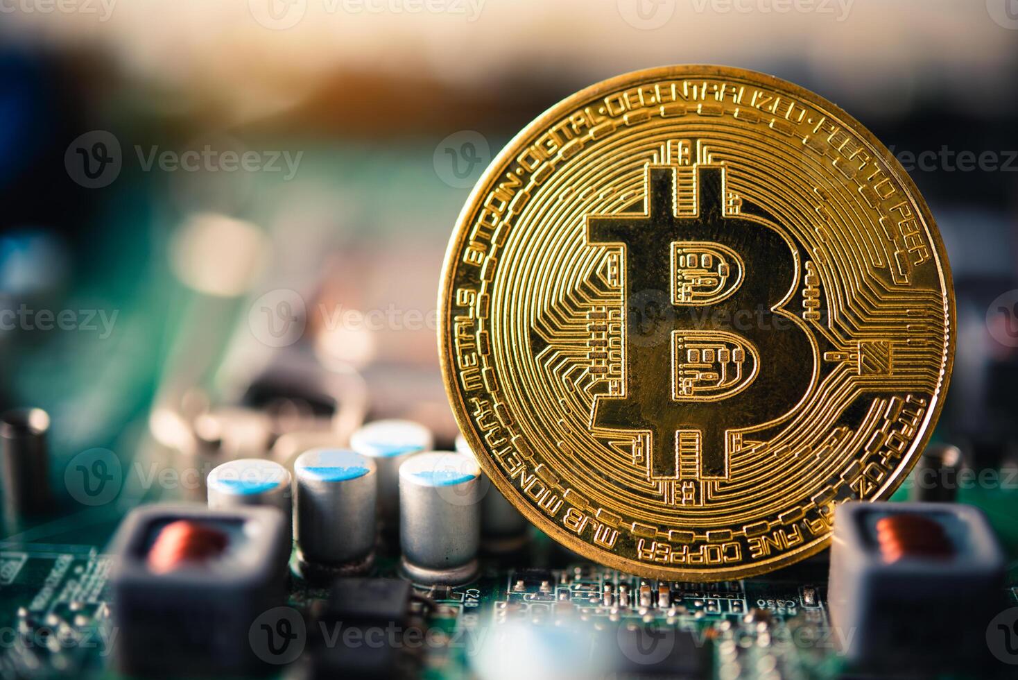 close-up bitcoin and its business-class laptop work and bring transactions across the network and help with today's business management, photo
