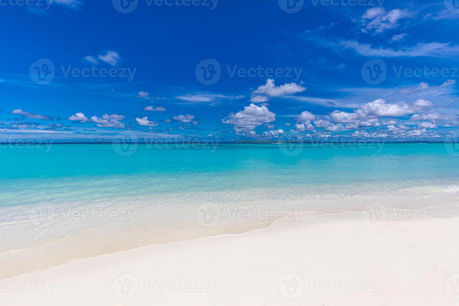 Tranquil seascape. Relaxing sunny beach empty summer vacation holiday banner. Waves surf with amazing blue ocean lagoon, sea shore, coastline. Beautiful bright beach, seaside copy space text ready photo