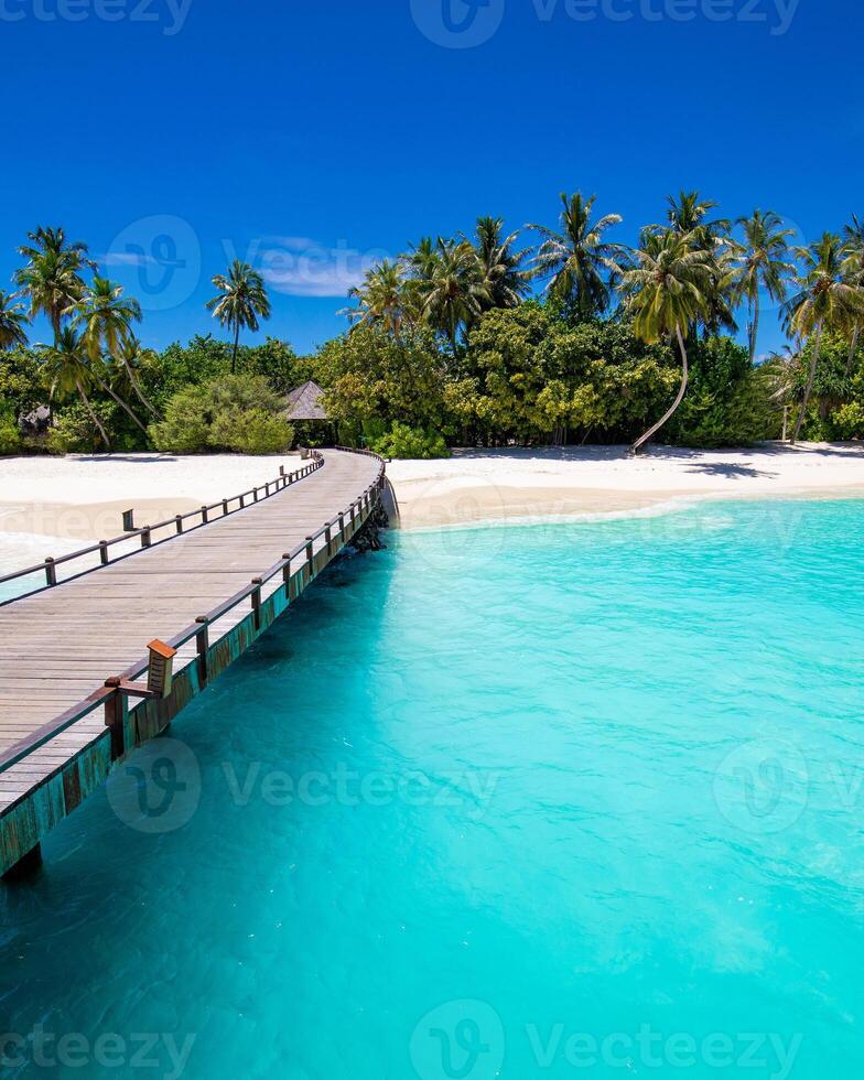 Maldives paradise resort. Tropical aerial landscape, seascape with long jetty, water villas with amazing sea and lagoon beach, tropical nature. Exotic tourism destination banner, summer vacation photo