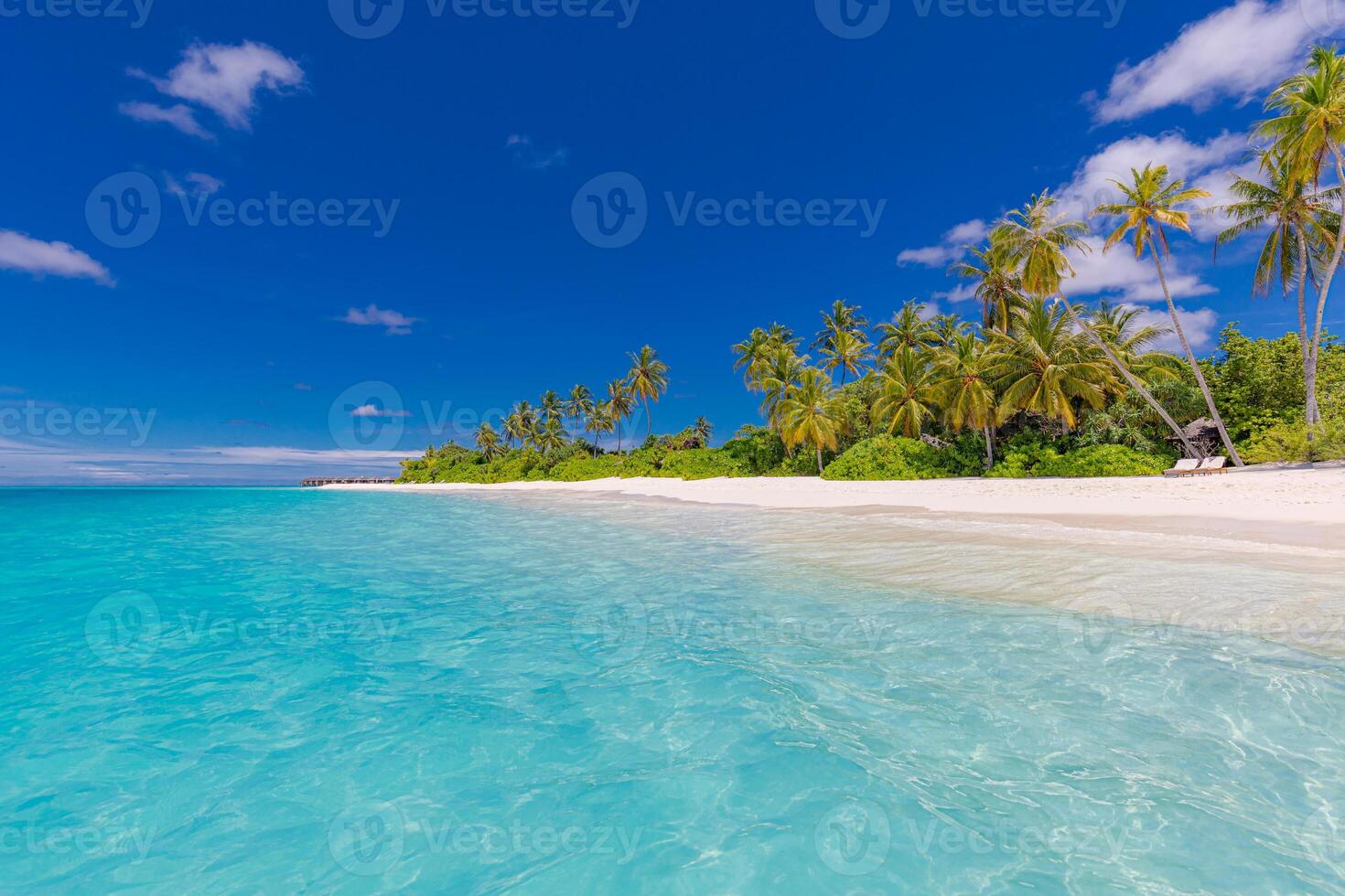 Popular tropical destination scene. Exotic beach palm trees white sand and calm seascape. Amazing travel landscape, best paradise island holidays. Perfect colorful relax background. Sunny summer sky photo