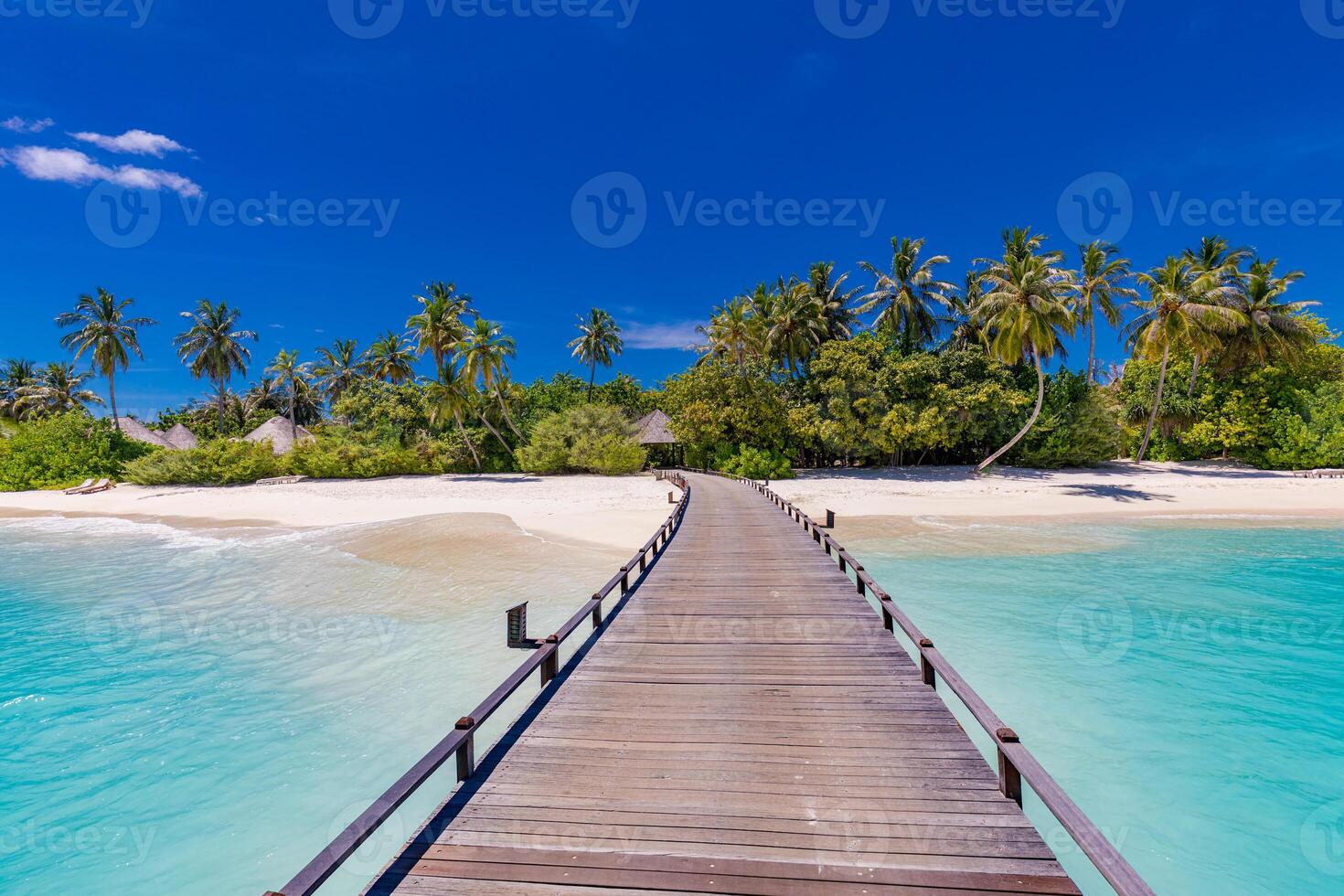 Maldives paradise resort. Tropical aerial landscape, seascape with long jetty, water villas with amazing sea and lagoon beach, tropical nature. Exotic tourism destination banner, summer vacation photo