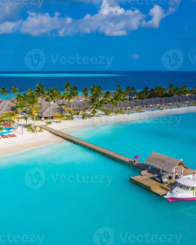 Beautiful aerial view of poolside and resort beach with wooden pier jetty. Luxurious tropical beach landscape, swimming, deck chairs and loungers, umbrellas. Tropical beach, aerial drone top view photo