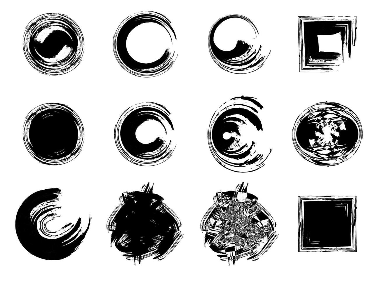 set of black and white stains, set of black and white vector cribble round circle icons frame brush stroke vector illustration, set of stains splashes paint brush stroke frame with circle bundle