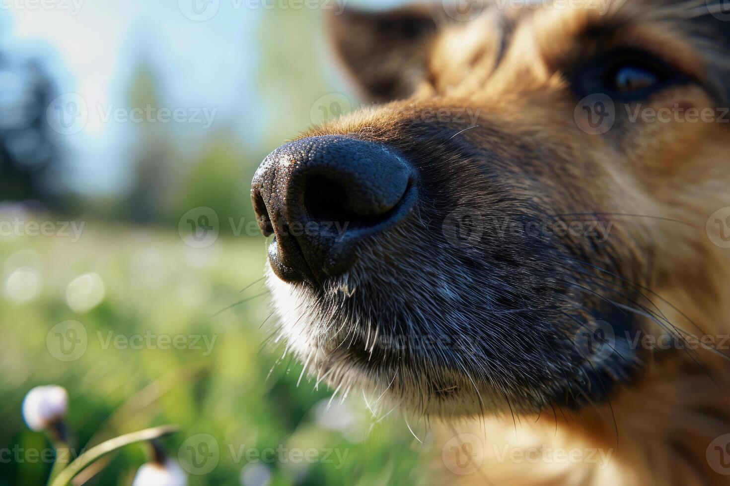 AI generated Closeup of a dog's nose with a blurred spring landscape in the background. Cute pet. Generative AI photo