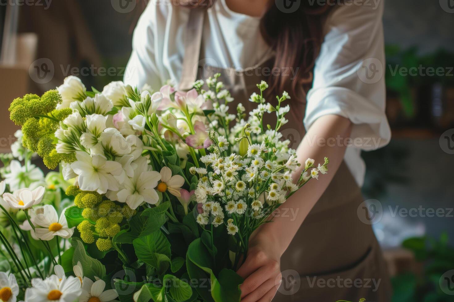 AI generated Florist holds a bouquet with fresh spring flowers. Generative AI photo