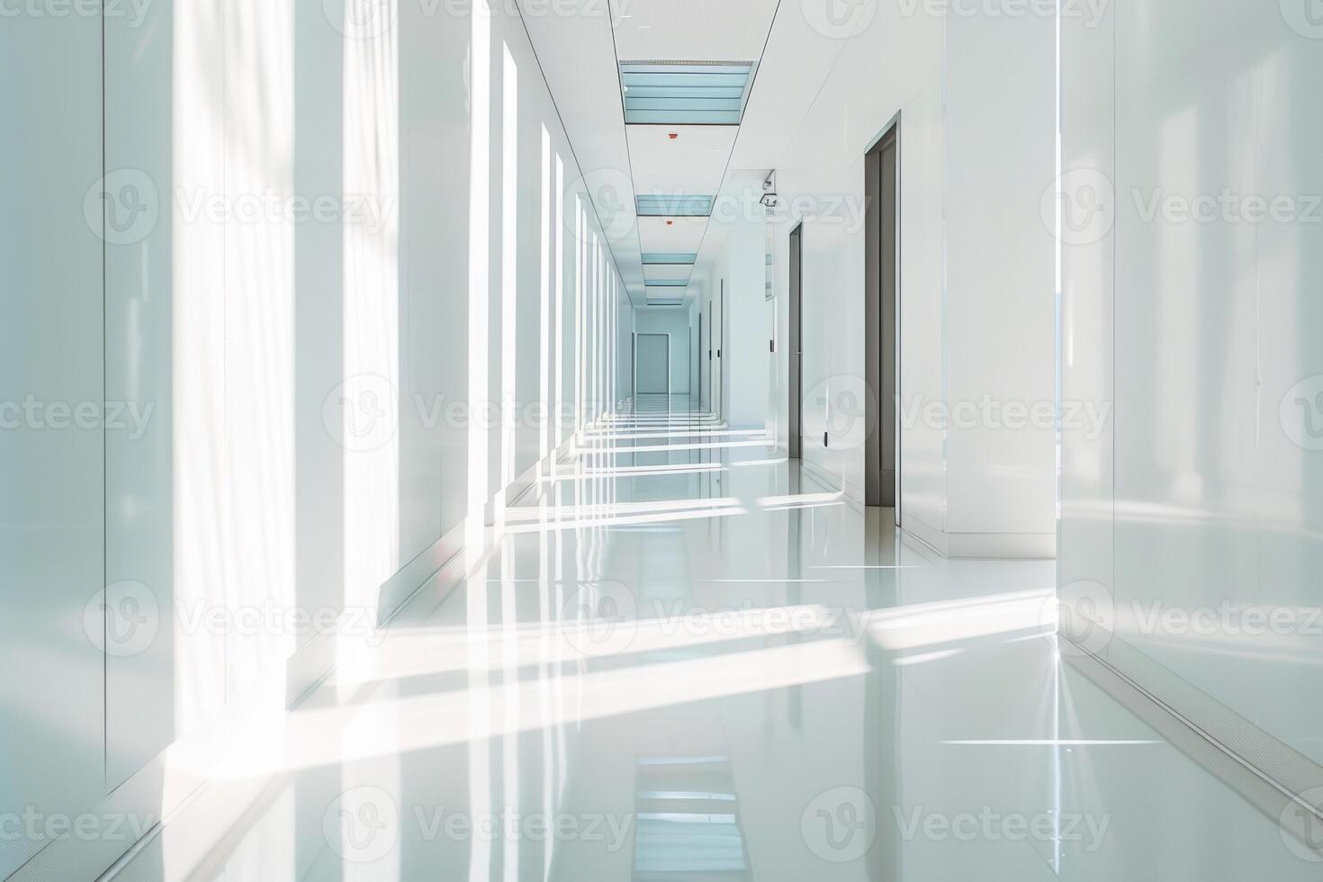 AI generated Long bright corridor in scientific laboratory building. Clean white hallway. Generative AI photo