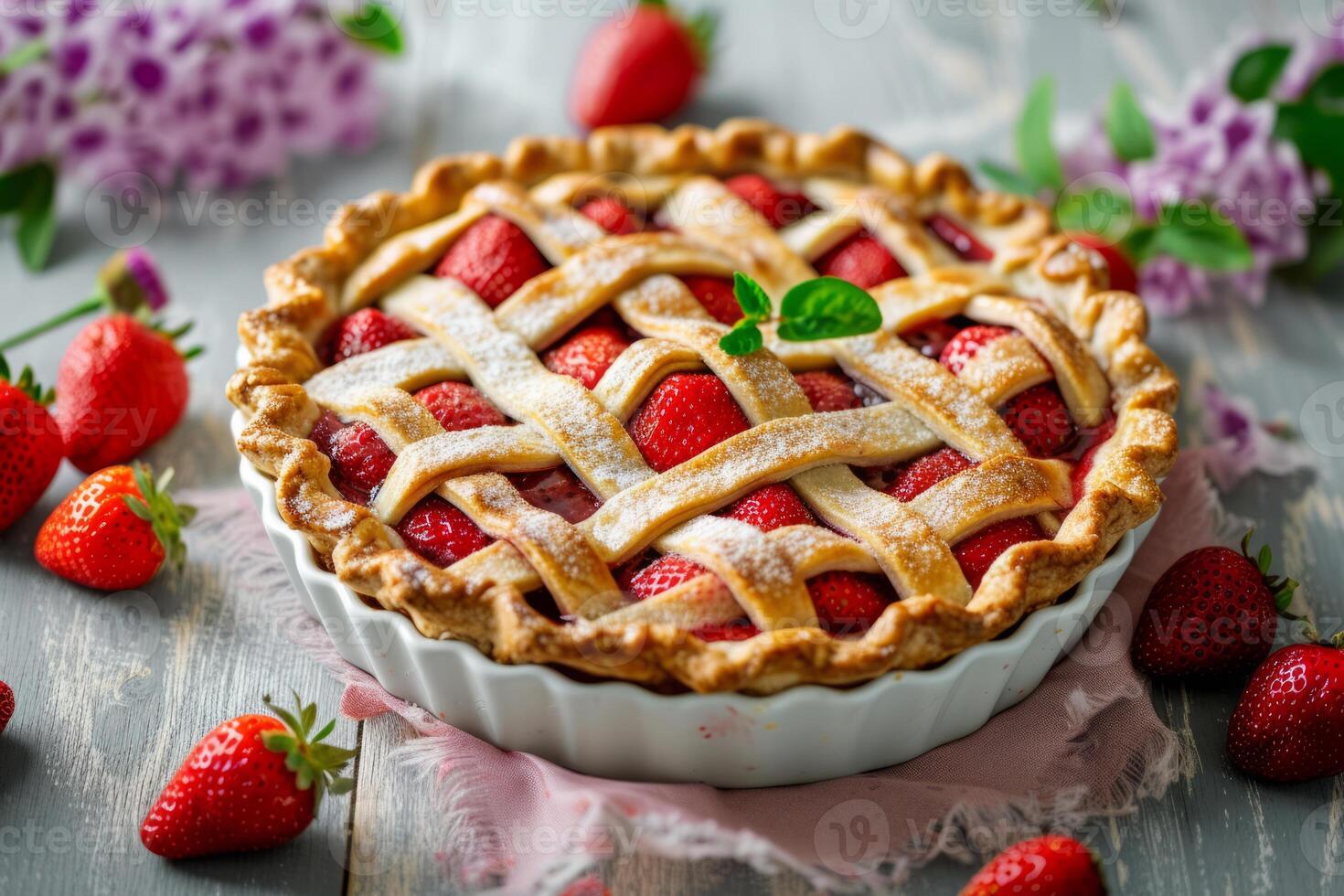 AI generated Classic baked strawberry pie with a lattice crust. Generative AI photo