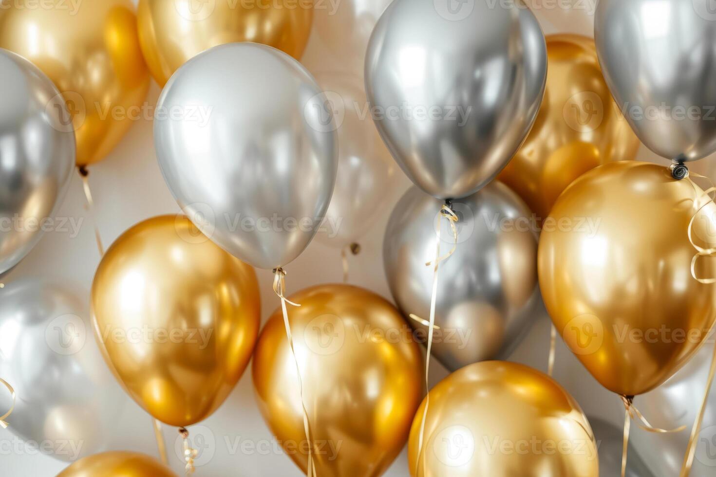 AI generated Golden and silver balloons. Festive background. Generative AI photo
