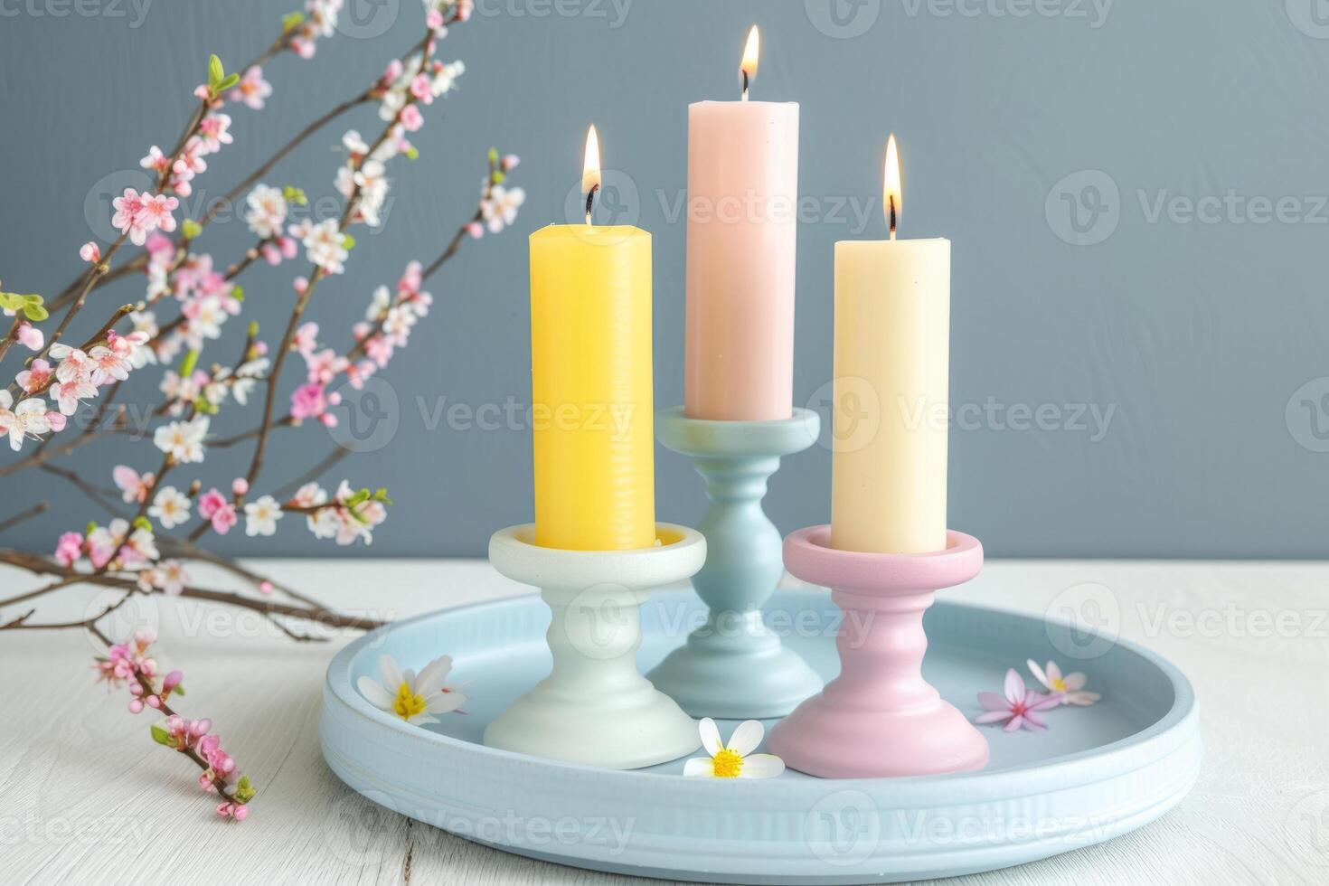 AI generated Candle holders with pastel candles and spring decor. Generative AI photo