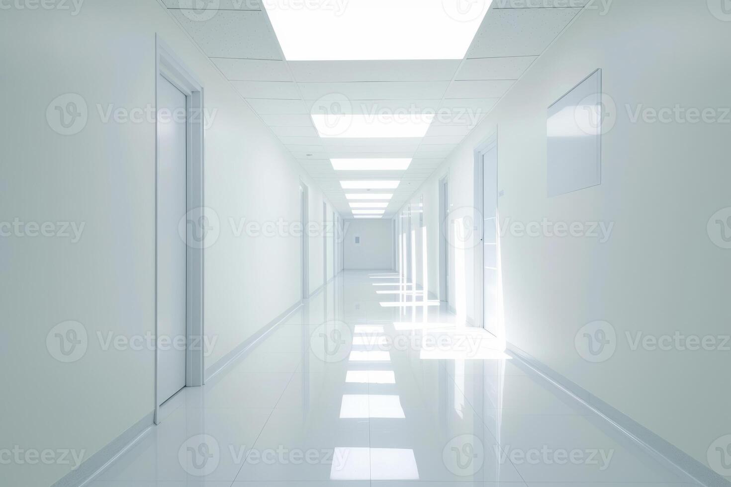 AI generated Long bright corridor in scientific laboratory building. Clean white hallway. Generative AI photo