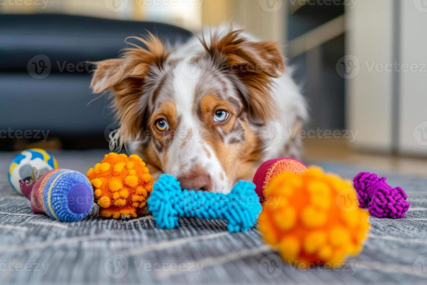 AI generated Dog at home in the living room playing with his toys. Generative AI photo