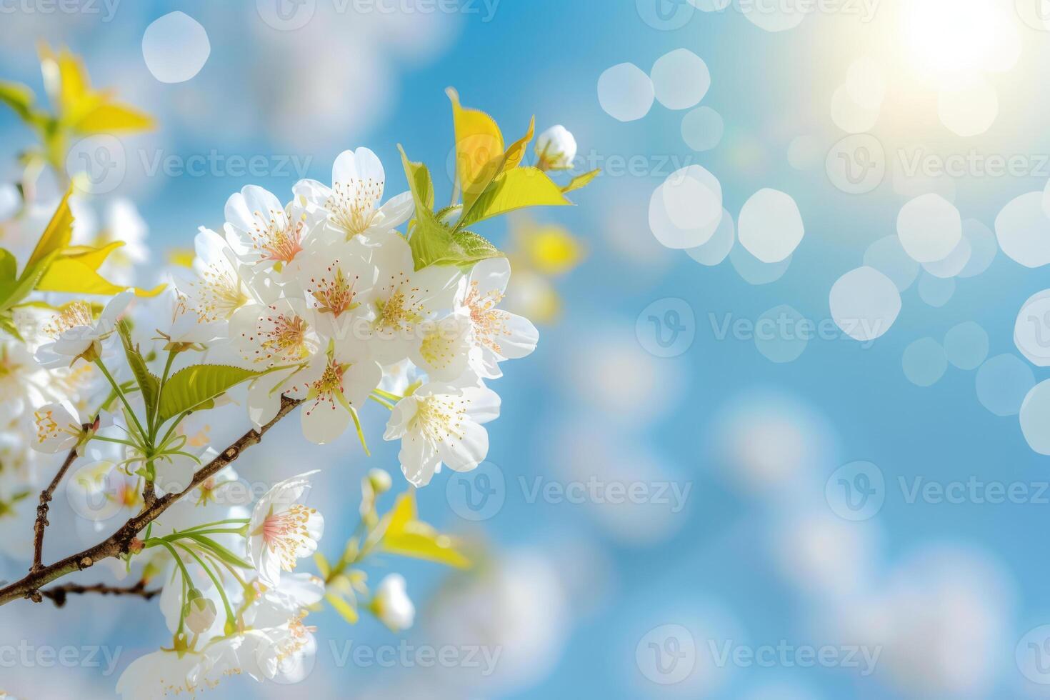 AI generated Spring banner with branches of blossoming cherry on blue sky background. Generative AI photo
