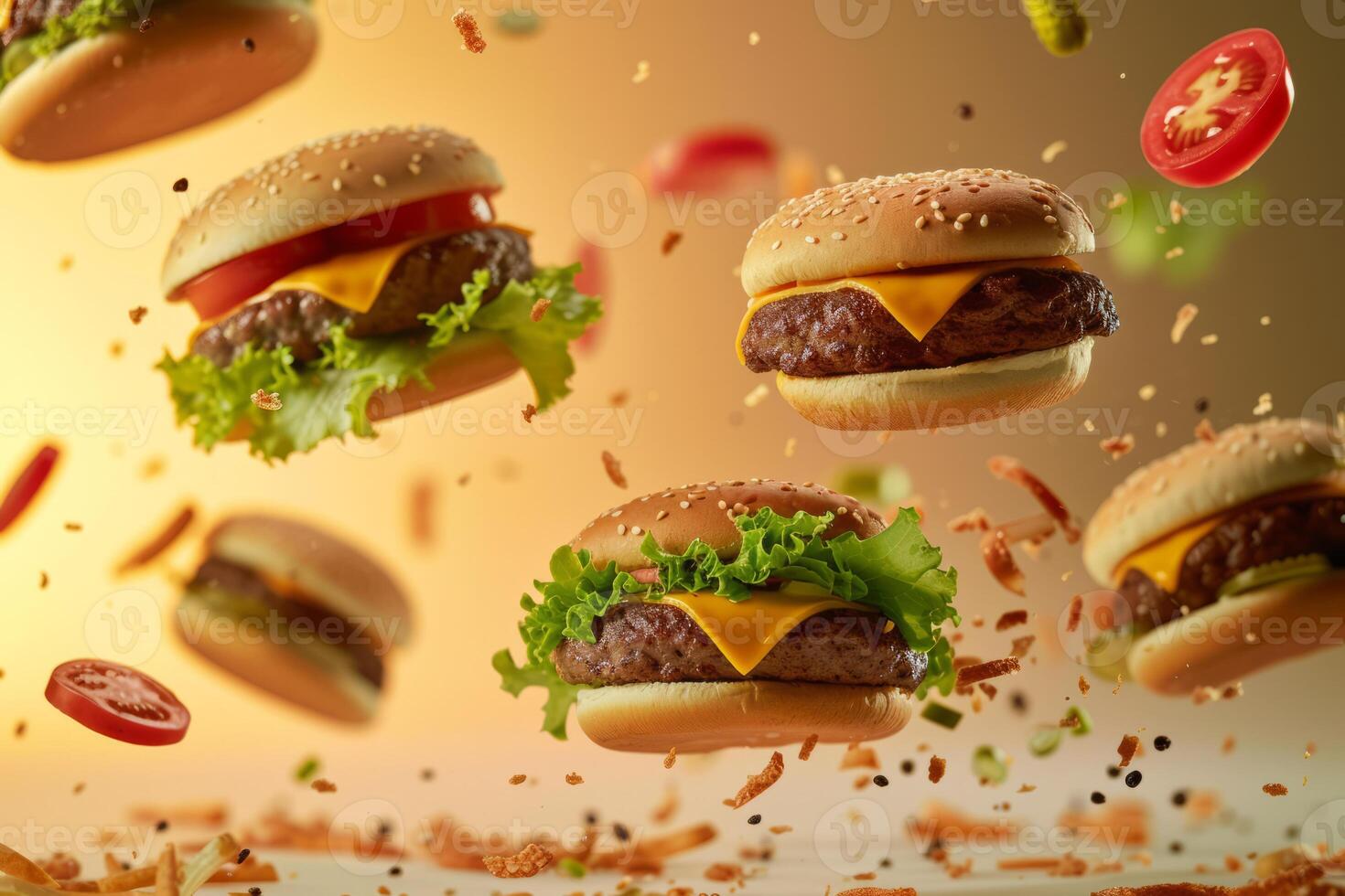 AI generated Hamburgers falling in the air on light background. Generative AI photo