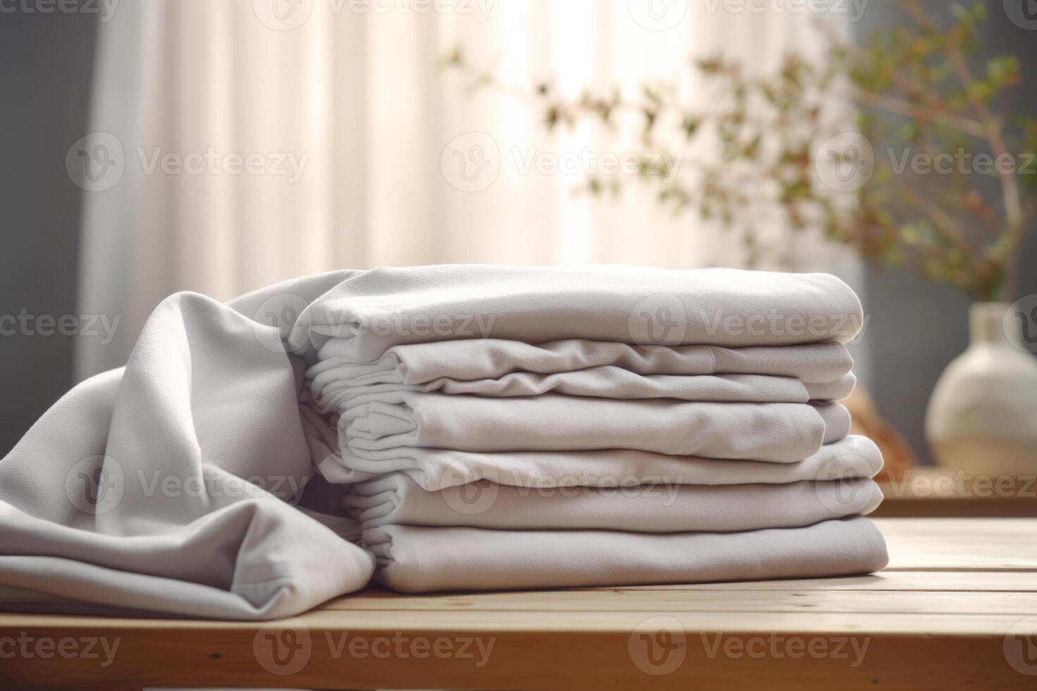 AI generated Stack of clean bedding sheets on blurred laundry room background. Generative AI photo