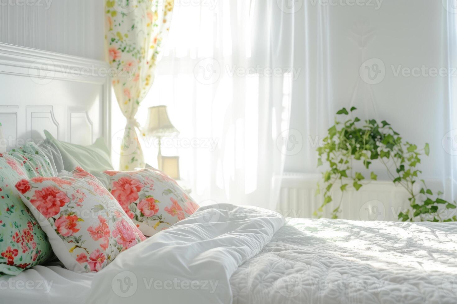 AI generated Cozy elegant bedroom with bed, nice bedclothes, spring decor and soft lighting. Generative AI photo