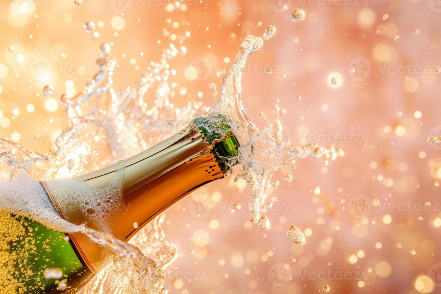 AI generated Open bottle of champagne with splash on pastel colored background. Generative AI photo