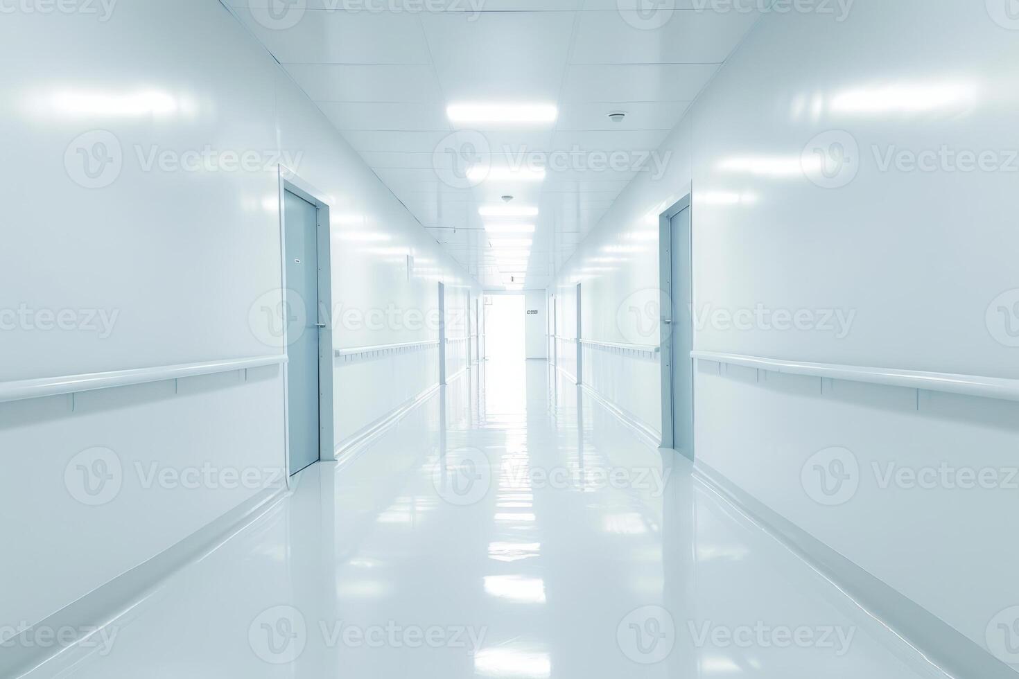 AI generated Long bright corridor in scientific laboratory building. Clean white hallway. Generative AI photo