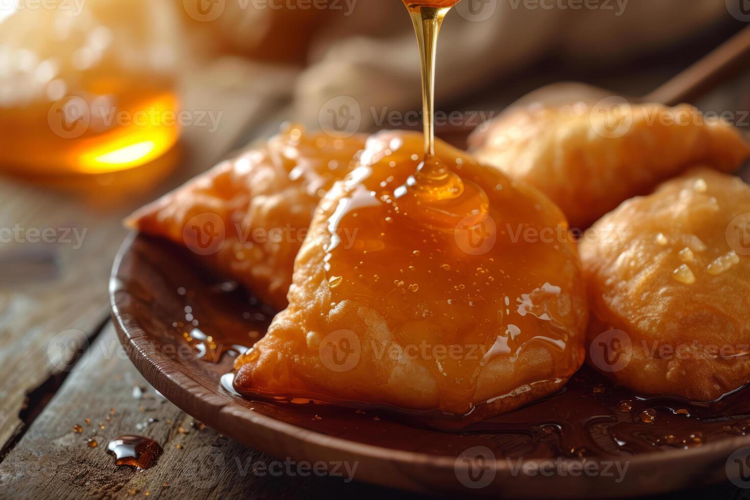 AI generated Homemade deep fried sopapillas with honey. Generative AI photo