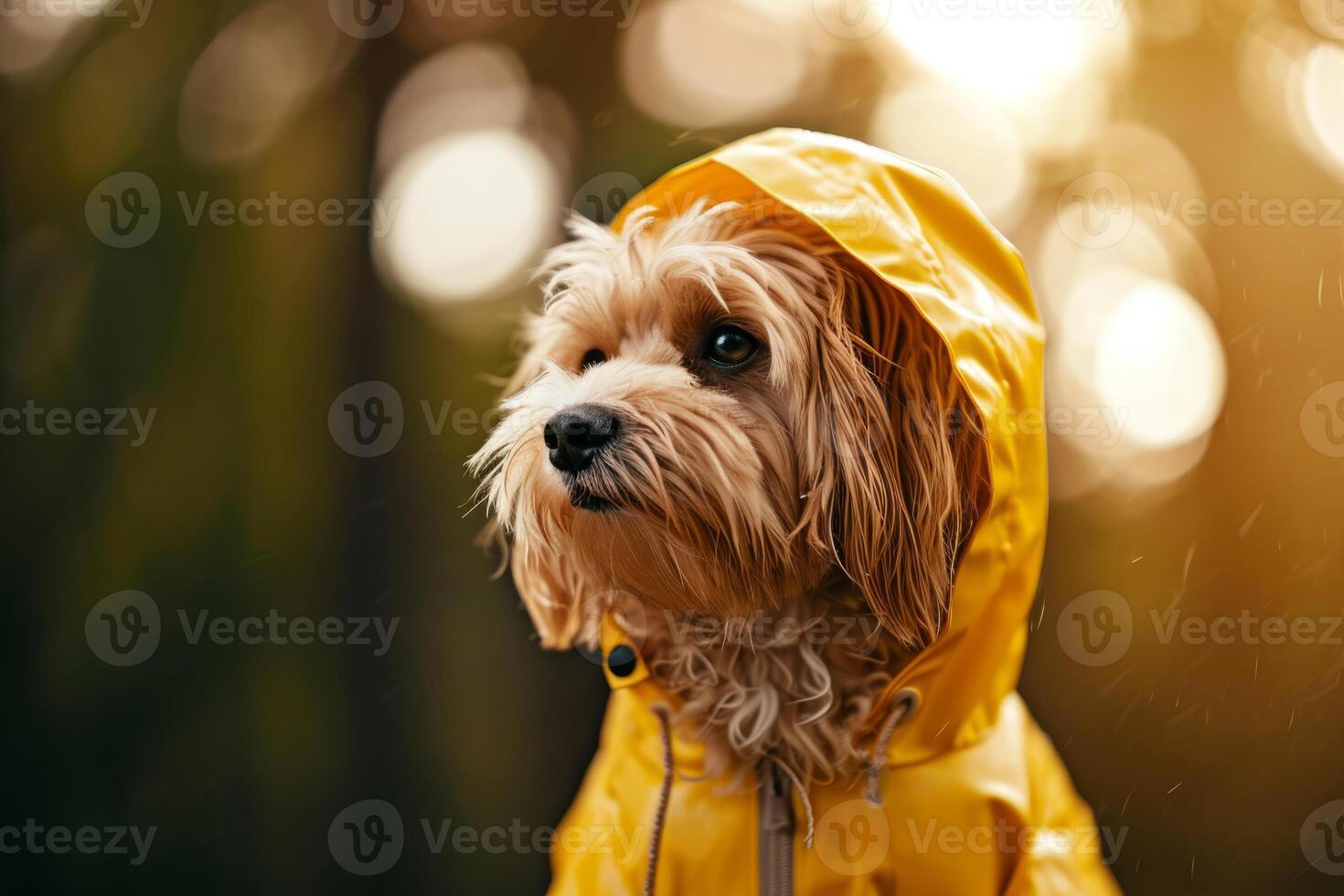 AI generated Dog in a trendy raincoat. The concept of caring for pets. Generative AI photo