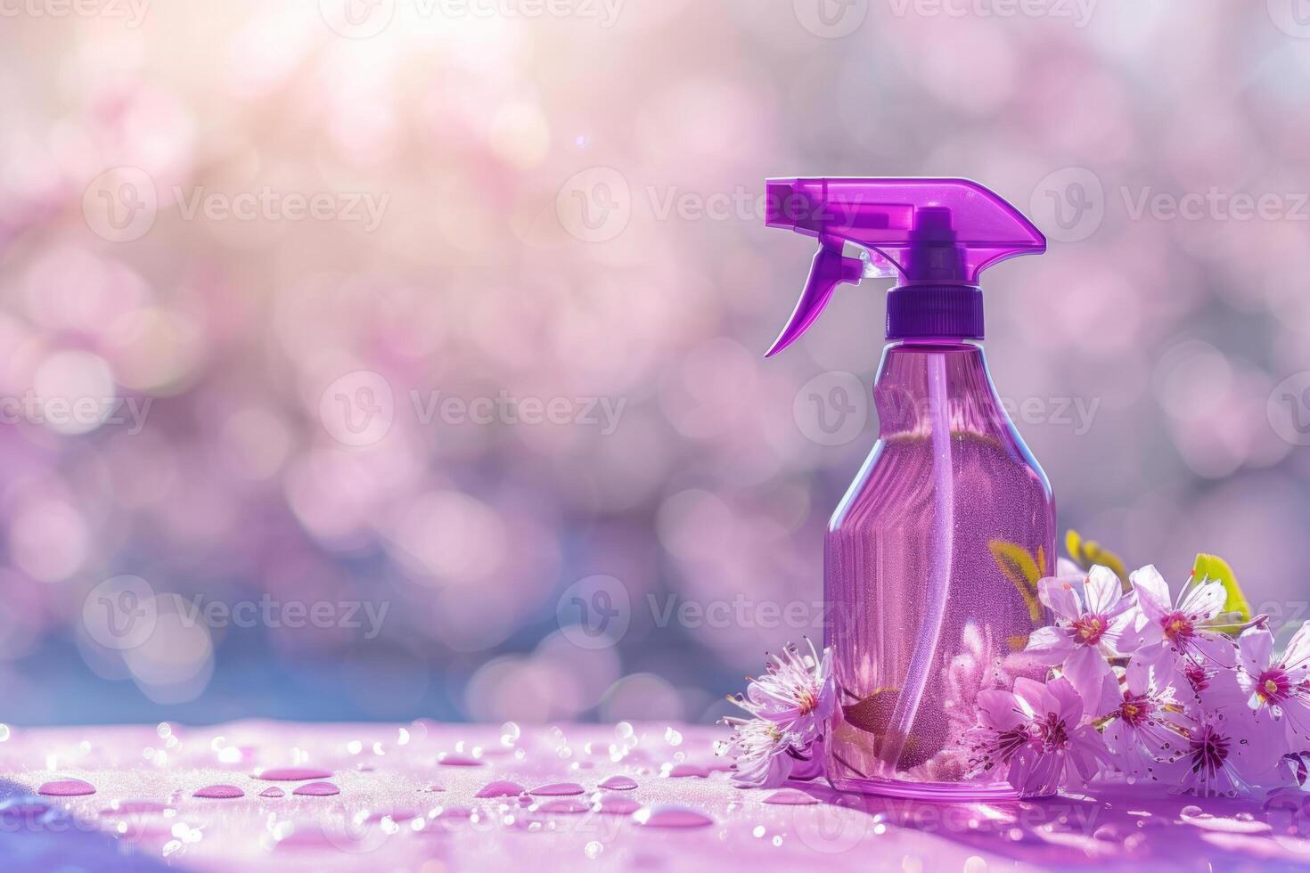 AI generated Violet cleaning spray bottle with bubbles on sunny background. Spring cleaning concept. Generative AI photo