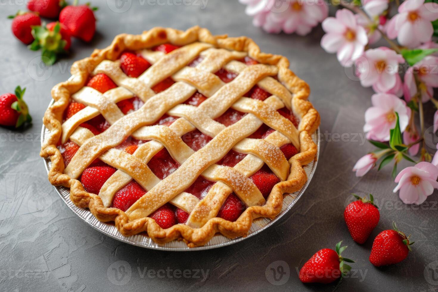 AI generated Classic baked strawberry pie with a lattice crust. Generative AI photo