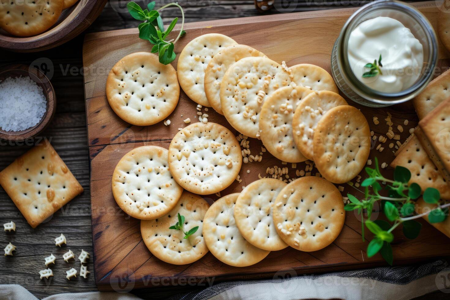 AI generated Board with crackers and other snacks. Generative AI photo