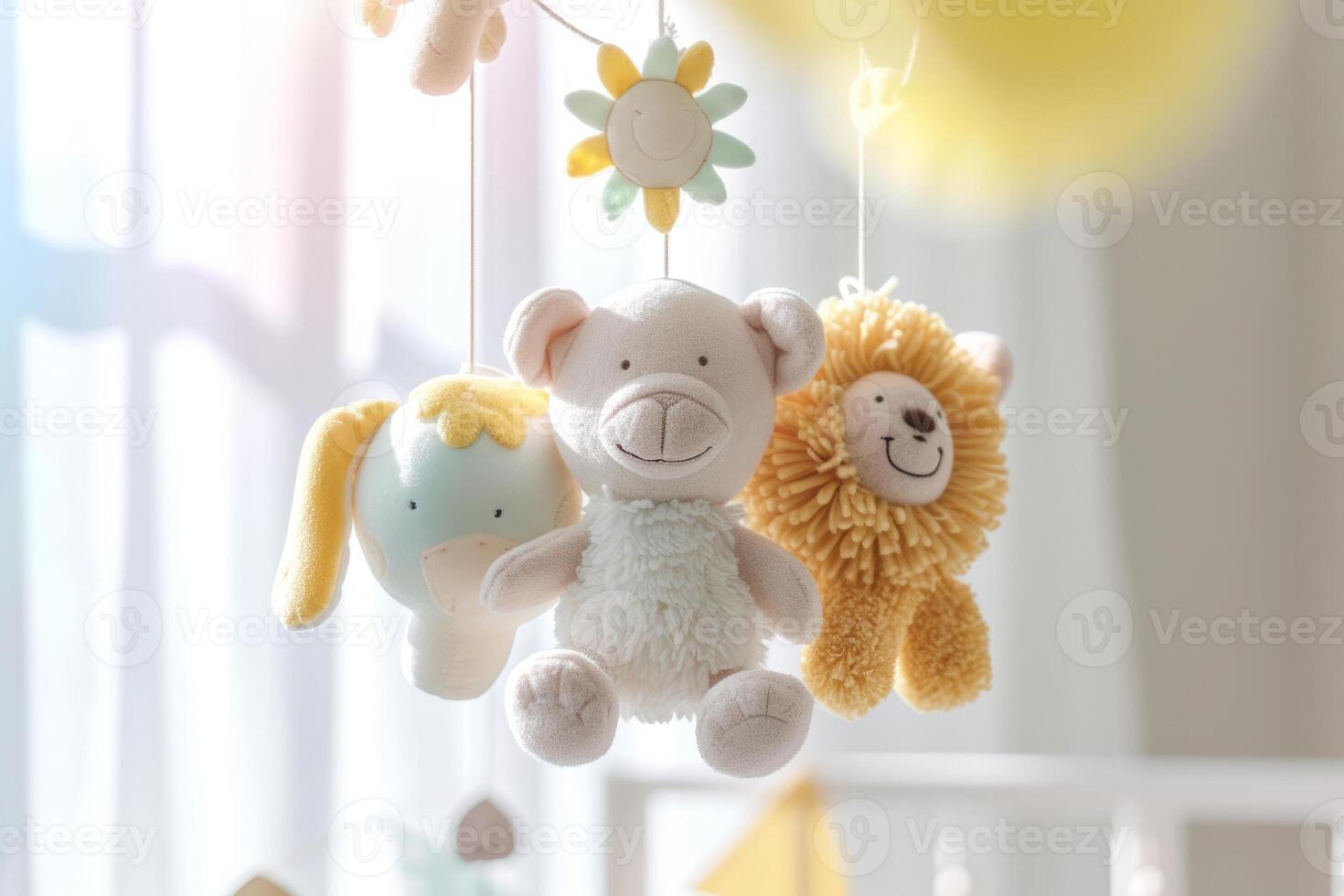 AI generated Baby mobile with stuffed animals. Colorful and eco-friendly children's mobile. Generative AI photo