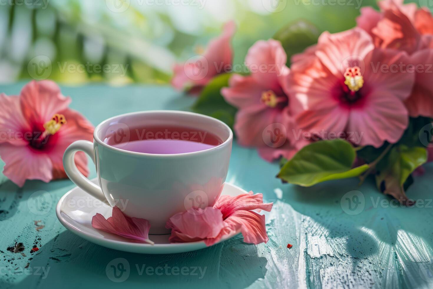 AI generated Hot hibiscus cup of tea with flowers in the background. Breakfast picnic table setup. Generative AI photo