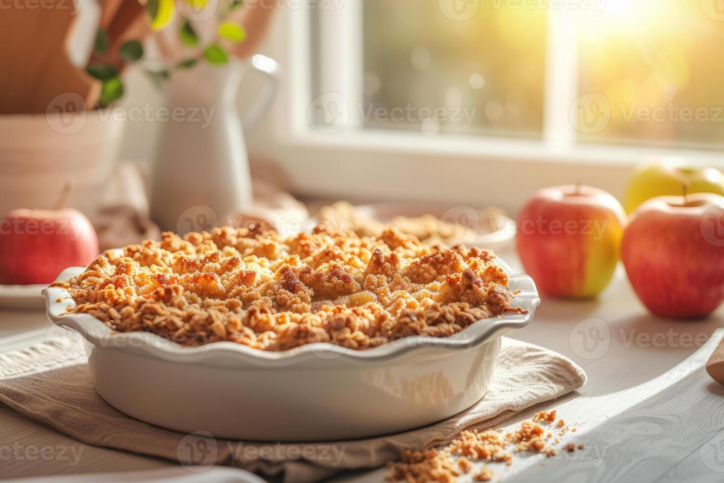 AI generated Apple crumble on the kitchen background with apples. Generative AI photo