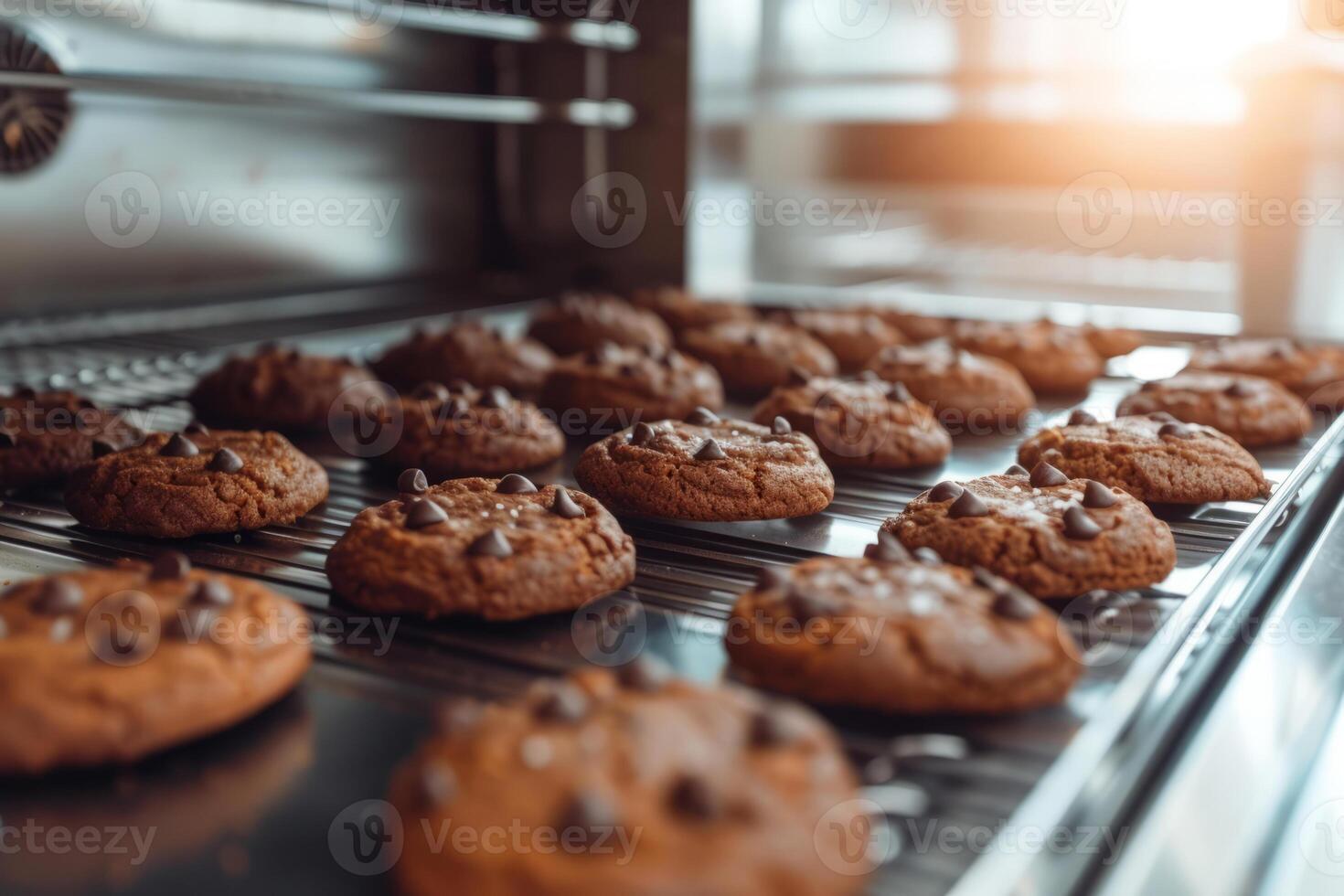 ai generado industrial producción línea de chocolate galletas viniendo fuera de el horno. generativo ai foto