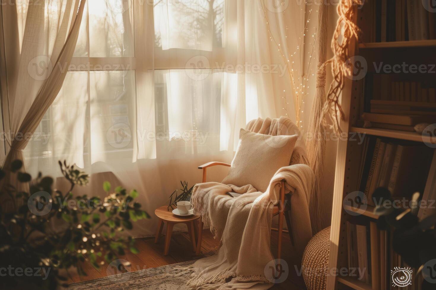 AI generated Cozy reading nook with light and airy curtain. Generative AI photo