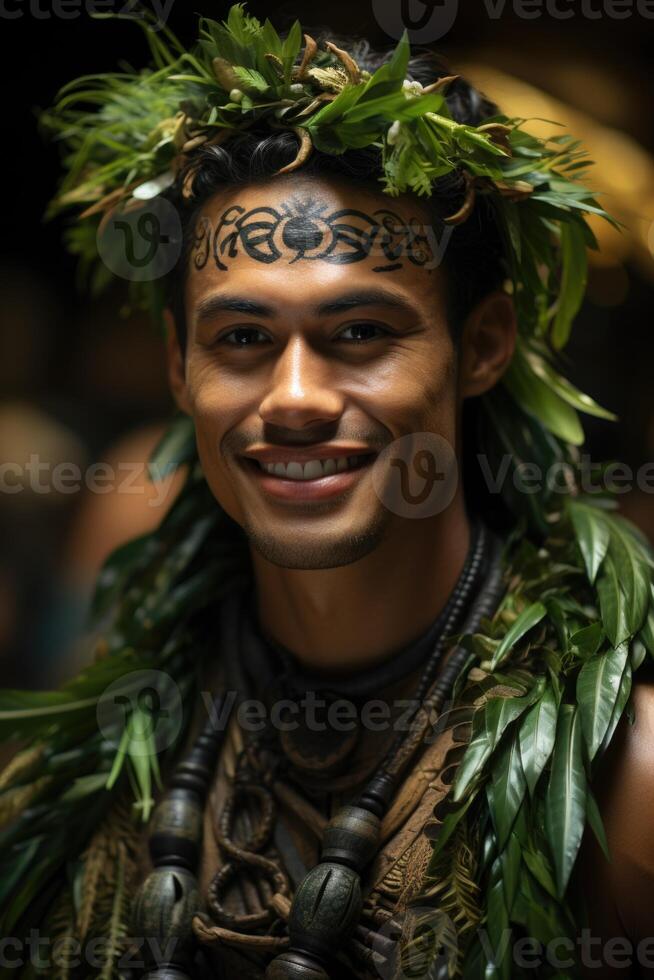 AI generated Portrait of a Polynesian man from the Pacific island of Tahiti. French Polynesia photo