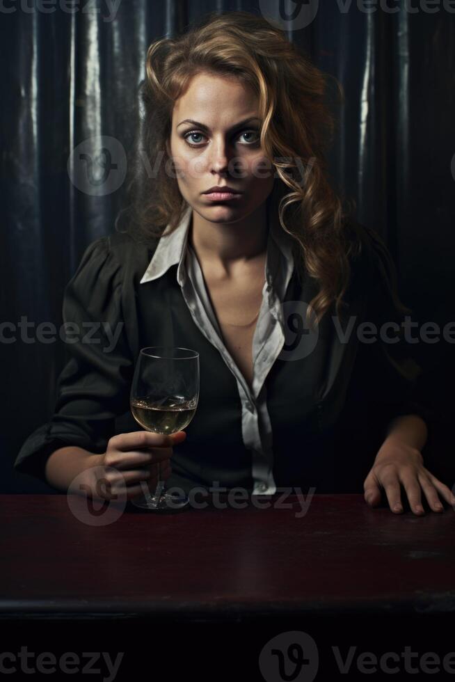 AI generated Portrait of a drinking girl at a table on a dark background photo