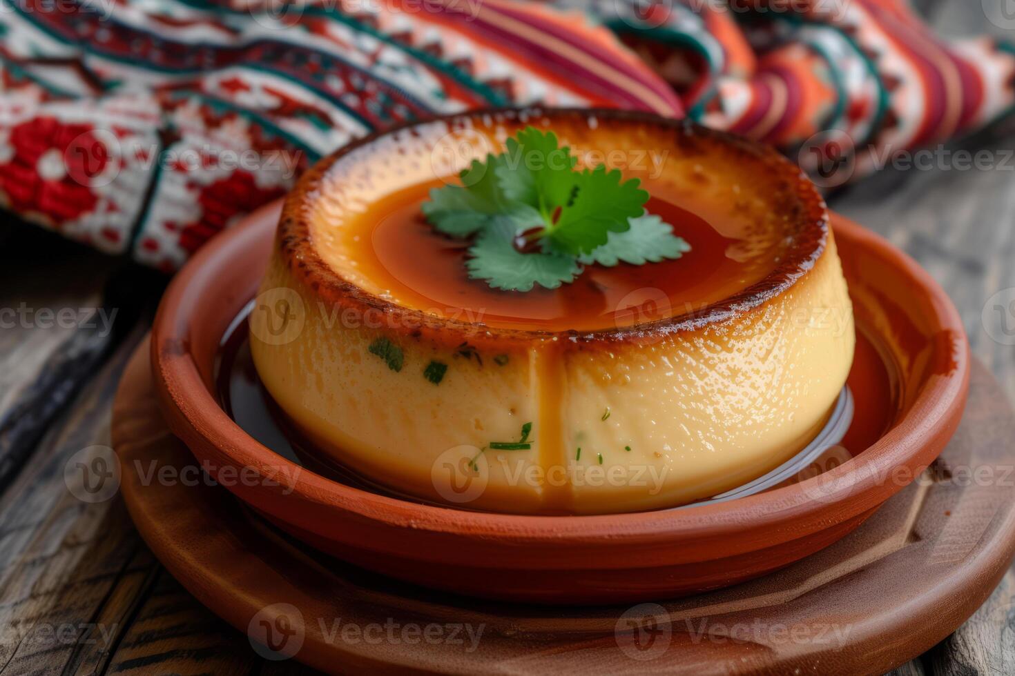AI generated Homemade flan with caramel sauce. Cream pudding in decorative dish. Generative AI photo