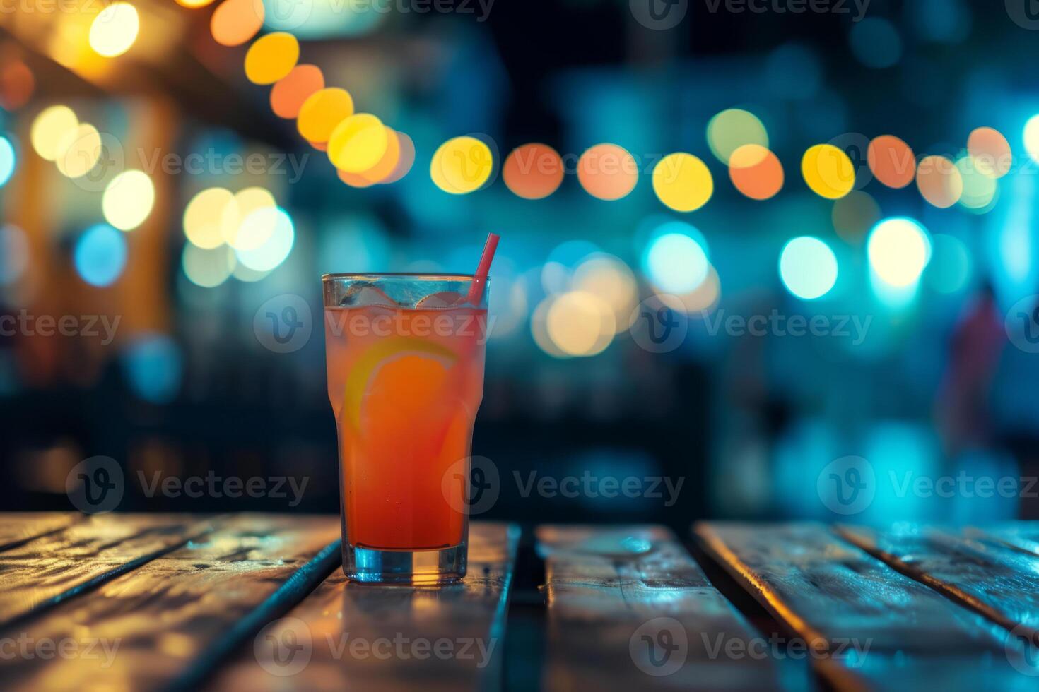 AI generated Cocktail on wooden table on a night bar terrace with blurred light. Generative AI photo