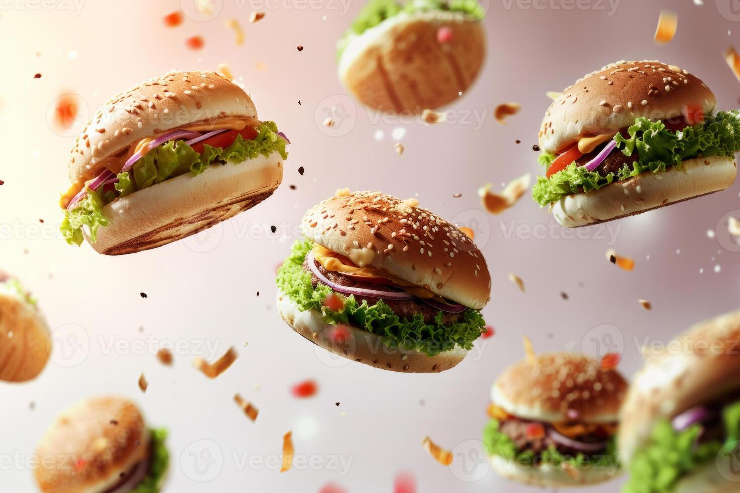 AI generated Hamburgers falling in the air on light background. Generative AI photo