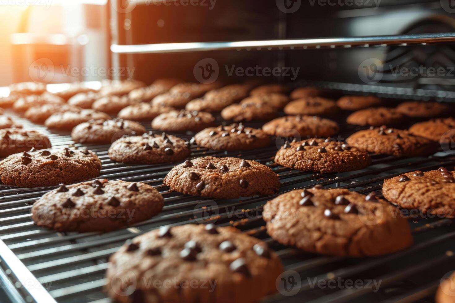 AI generated Industrial production line of chocolate cookies coming out of the oven. Generative AI photo