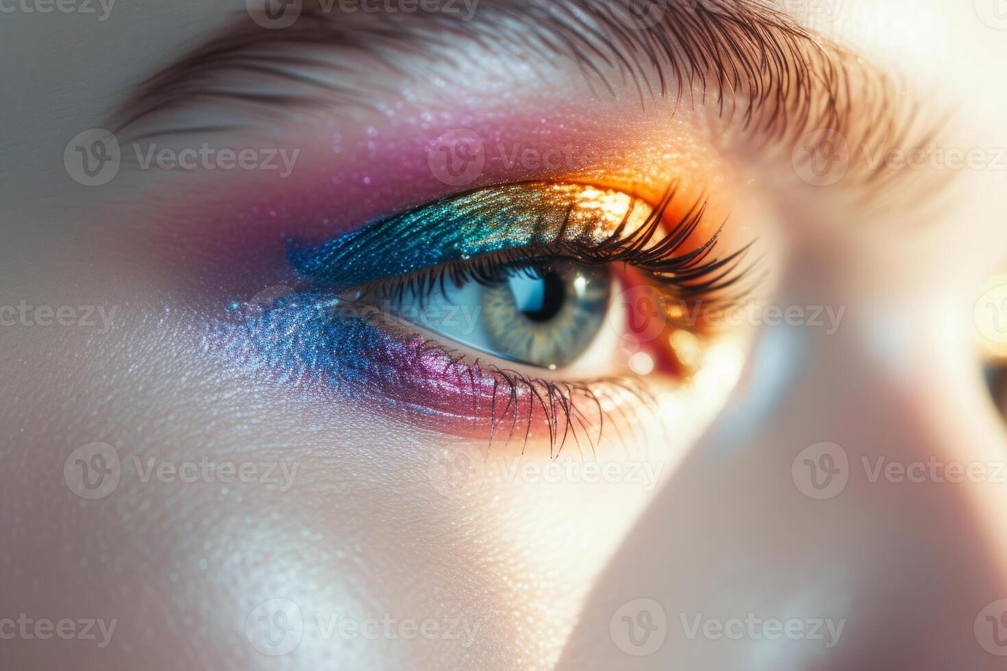 AI generated Closeup view of female eye with bright multicolored fashion makeup. Generative AI photo