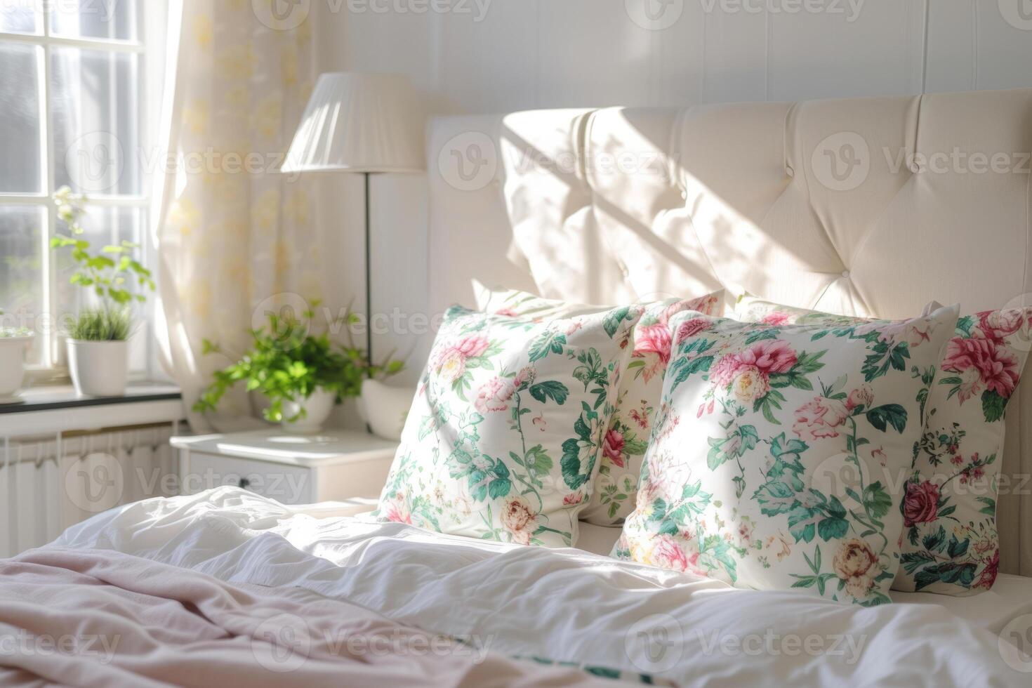 AI generated Cozy elegant bedroom with bed, nice bedclothes, spring decor and soft lighting. Generative AI photo