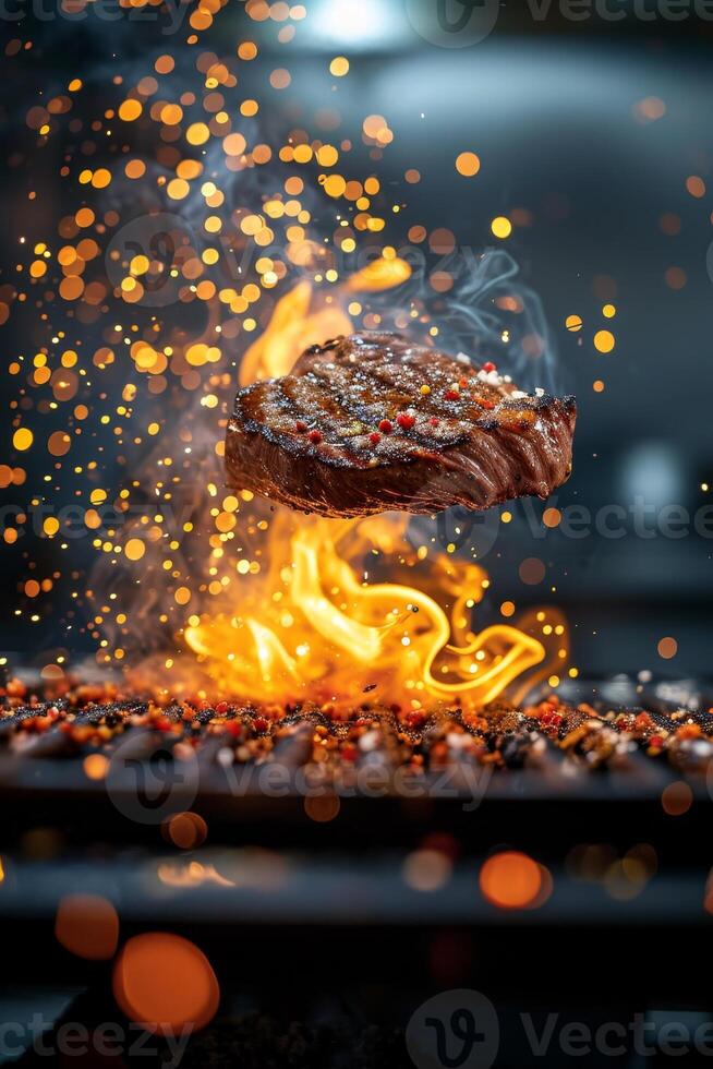 AI generated A hearty steak on fire, sizzling on a hot grill photo