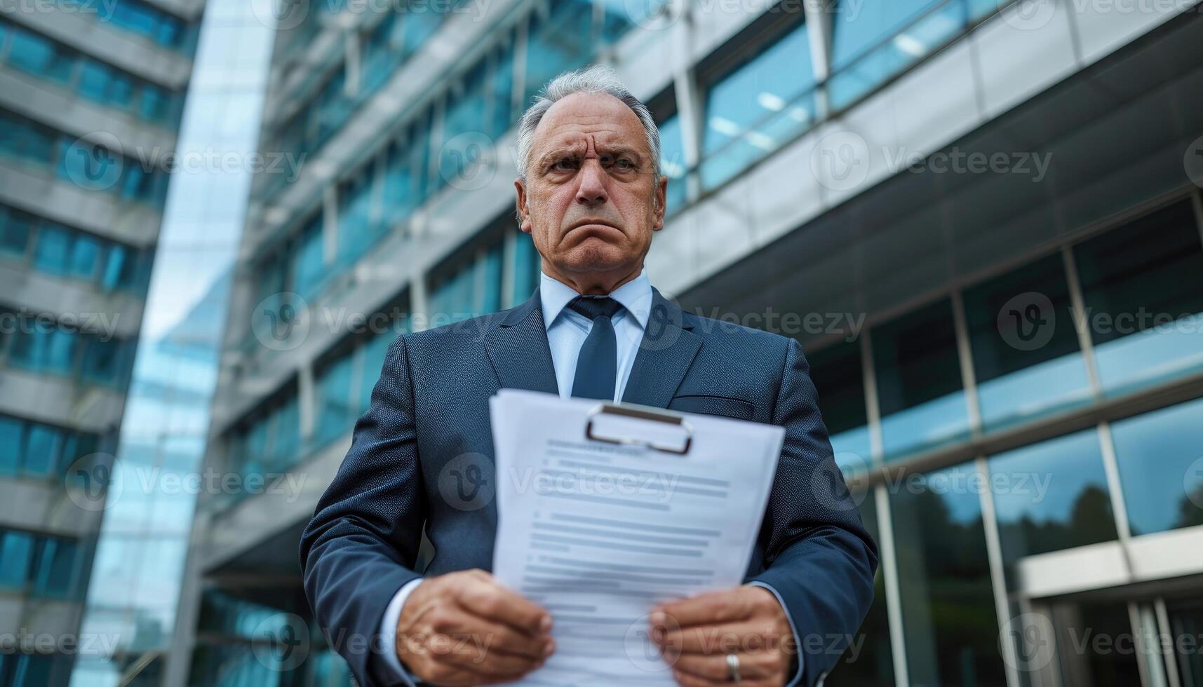 AI generated Mature businessman holds paperwork frowning in front of an office building, debt acceptance picture photo