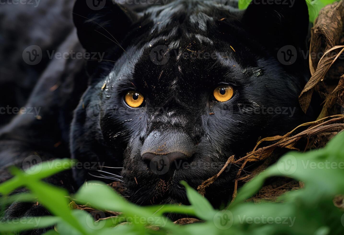 AI generated Black panther relaxing in grass, majestic big cats picture photo