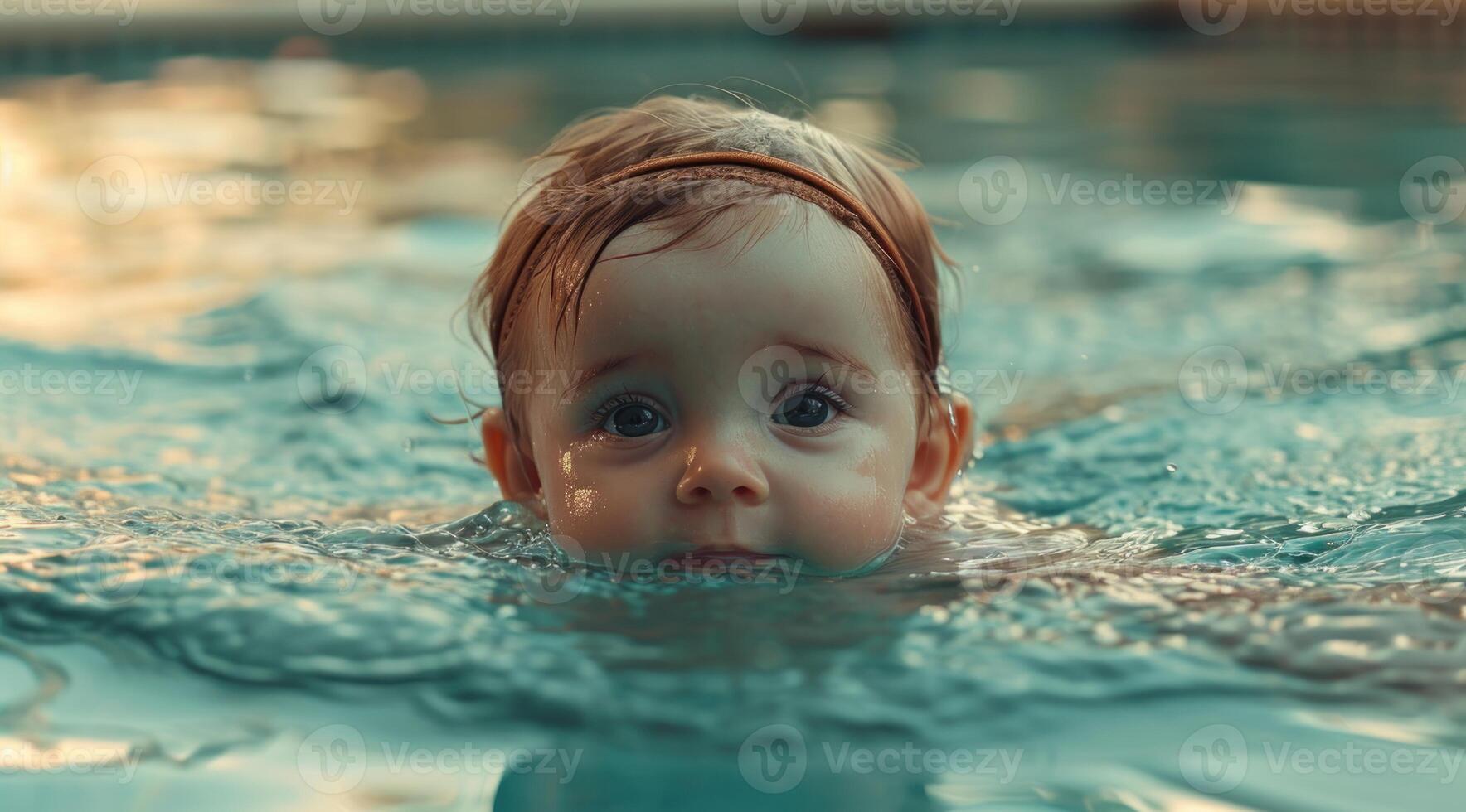 AI generated Happy baby girl enjoys swimming in the pool, children and water photo