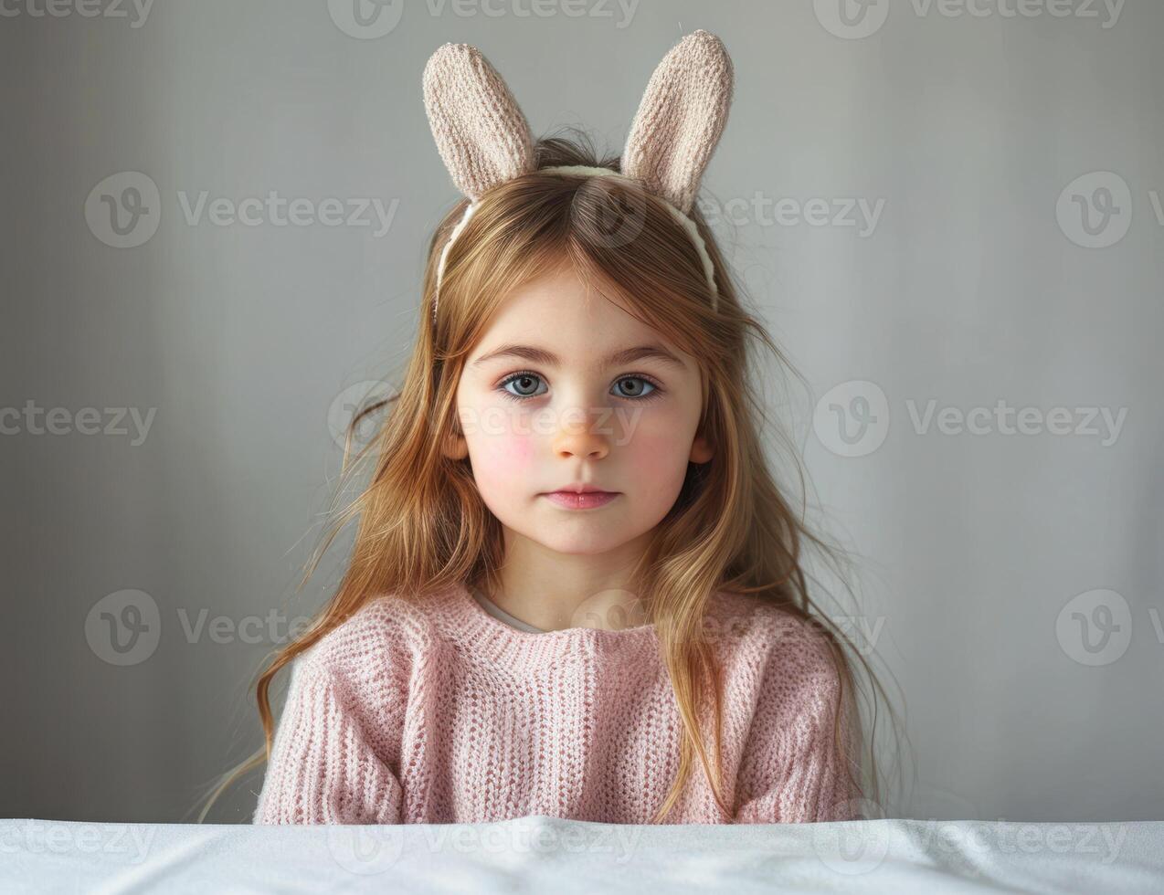 AI generated Young girl with bunny ears poses in front of a white table, easter fashion concept photo