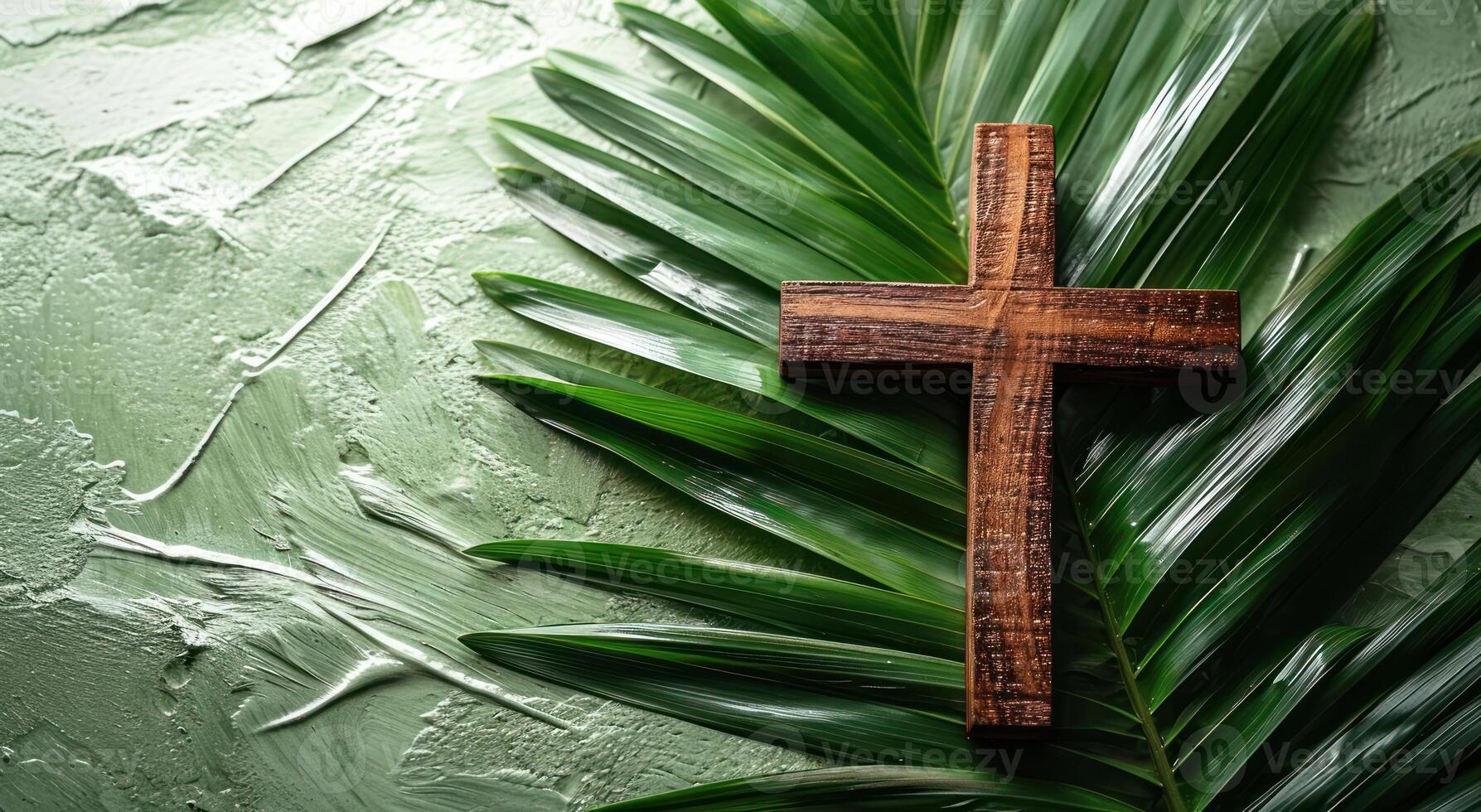 AI generated Wooden cross resting on green leaf, palm crosses image photo