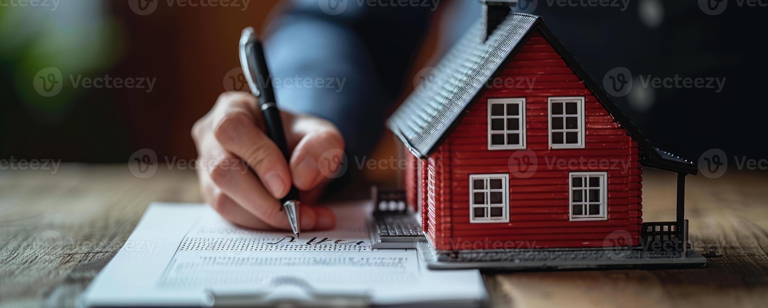 AI generated Person signs document with house model sealing a real estate deal, home loan paperwork photo