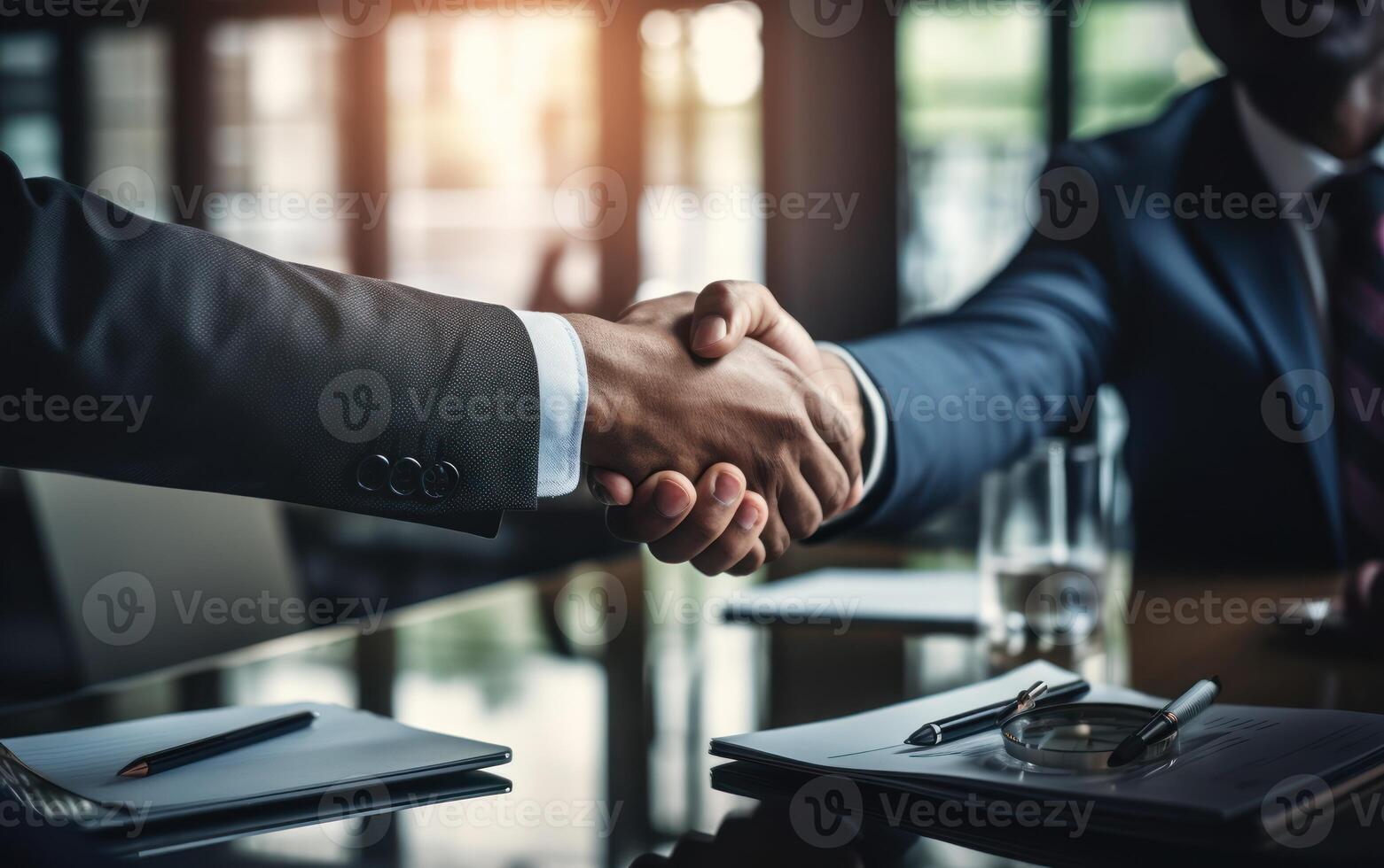 AI generated Businessman shaking hands at desk in a photo, hiring image for job postings photo