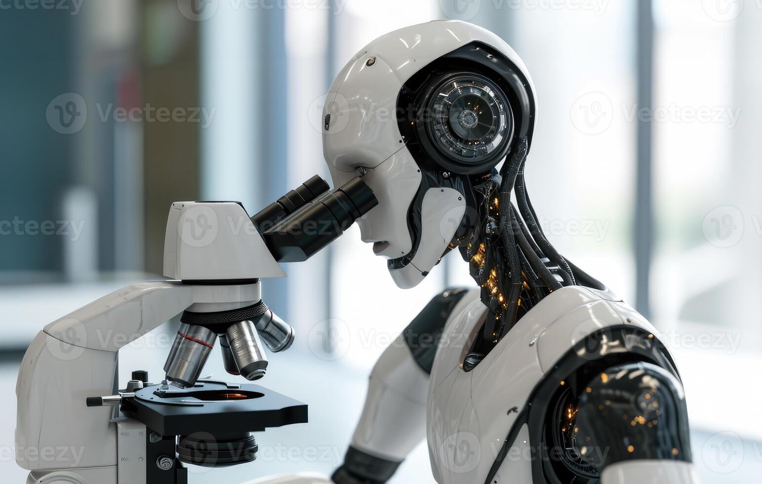 AI generated Robot exploring through microscope photo