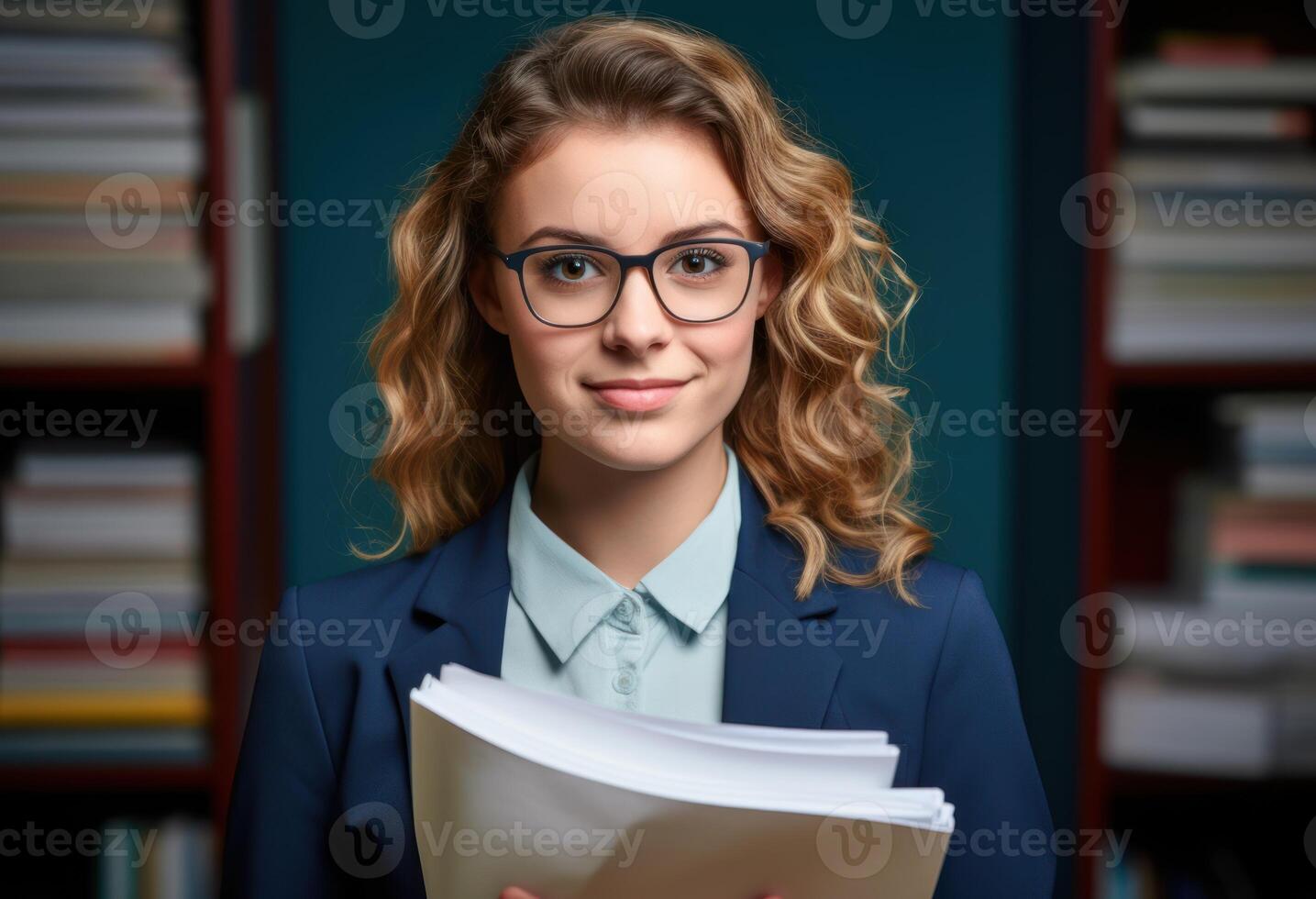 AI generated A photo of a businesswoman in glasses holding a resume folder against a blurry backdrop, professional job interview attire image